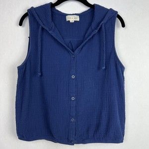 Cloth & Stone Top Womens Medium Blue Gauzy Button Up Stretch Sleeveless Hoodie